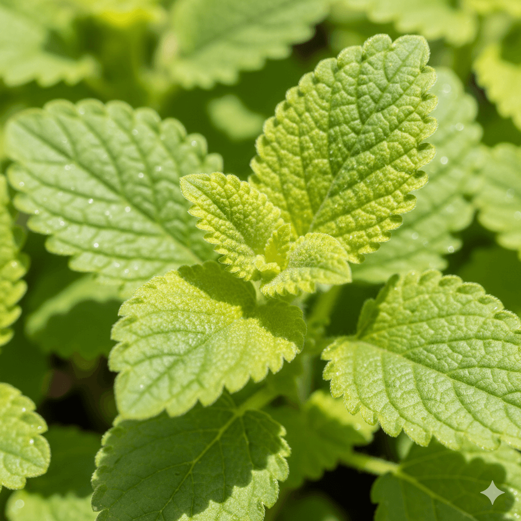 Close-up-of-fresh-green-lemon-balm-leaves-in-natural-light.