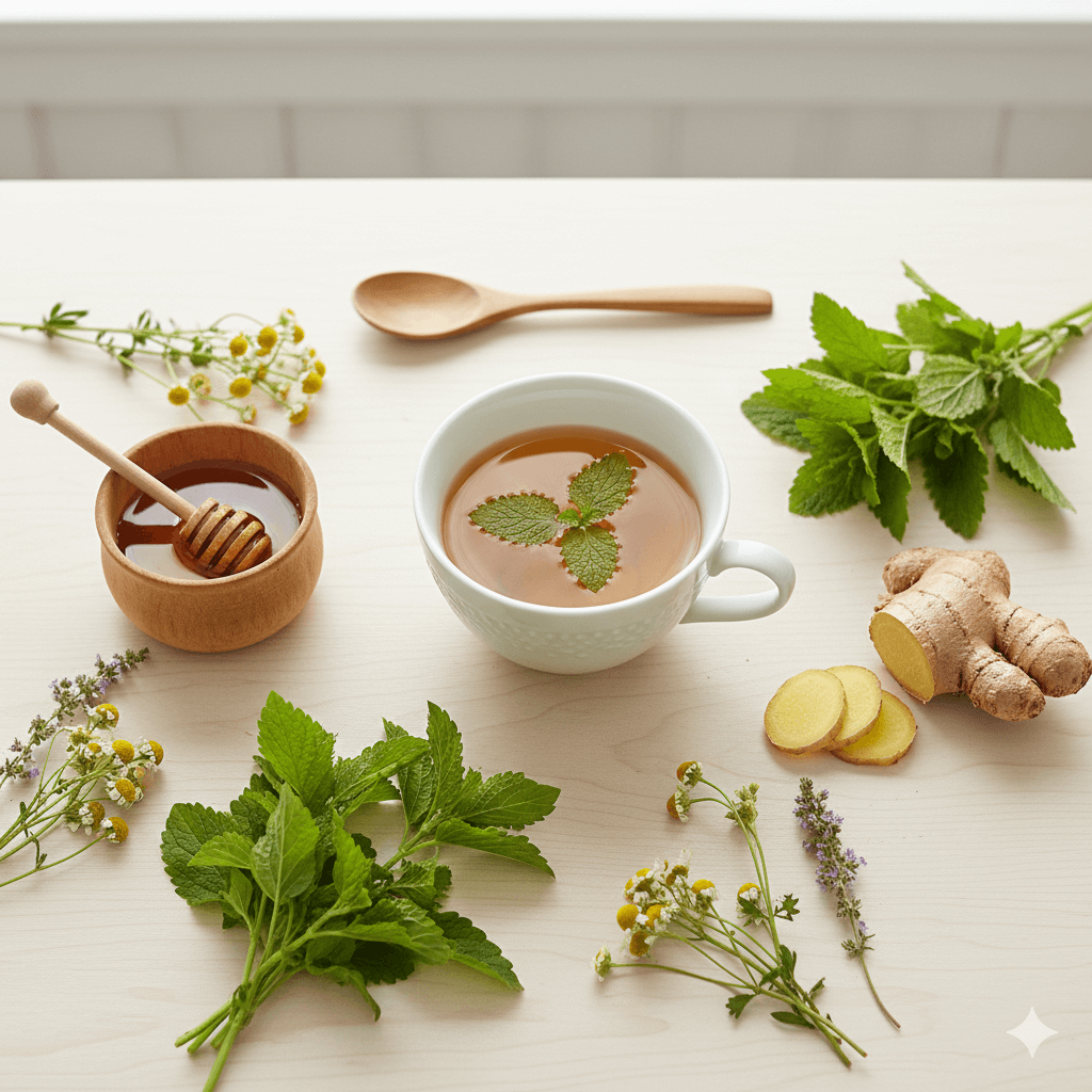 Cup-of-lemon-balm-and-ginger-tea-placed-on-a-rustic-table-with-fresh-herbs-and-ginger-slices.