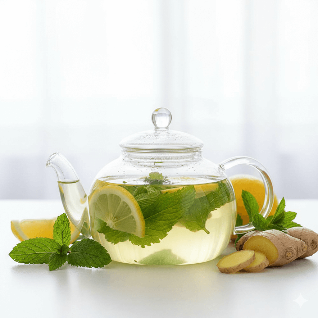 Detox-lemon-balm-tea-with-lemon-and-ginger-in-a-glass-teapot-styled-in-a-clean-wellness-setting.