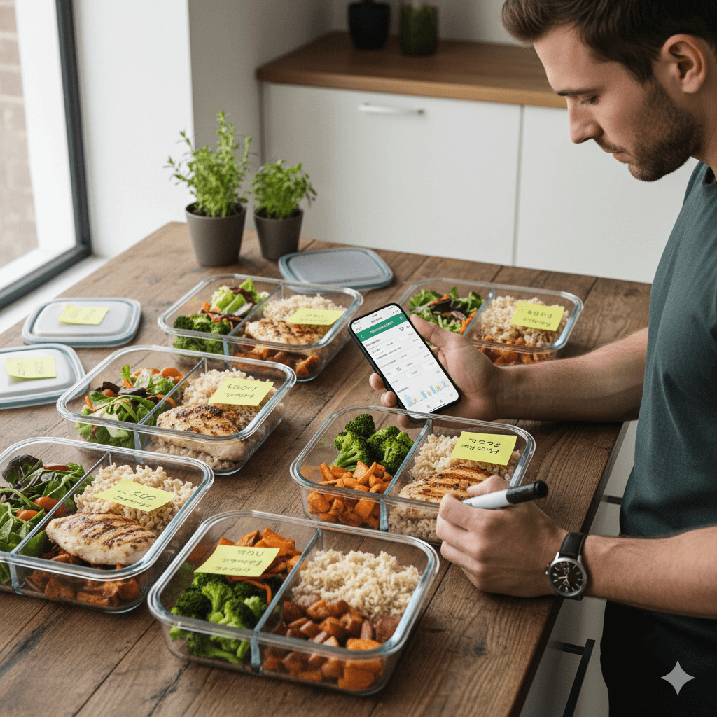 Ein-Mann-bereitet-mehrere-Essensboxen-vor-und-nutzt-sein-Handy-mit-offenem-Kalorienrechner