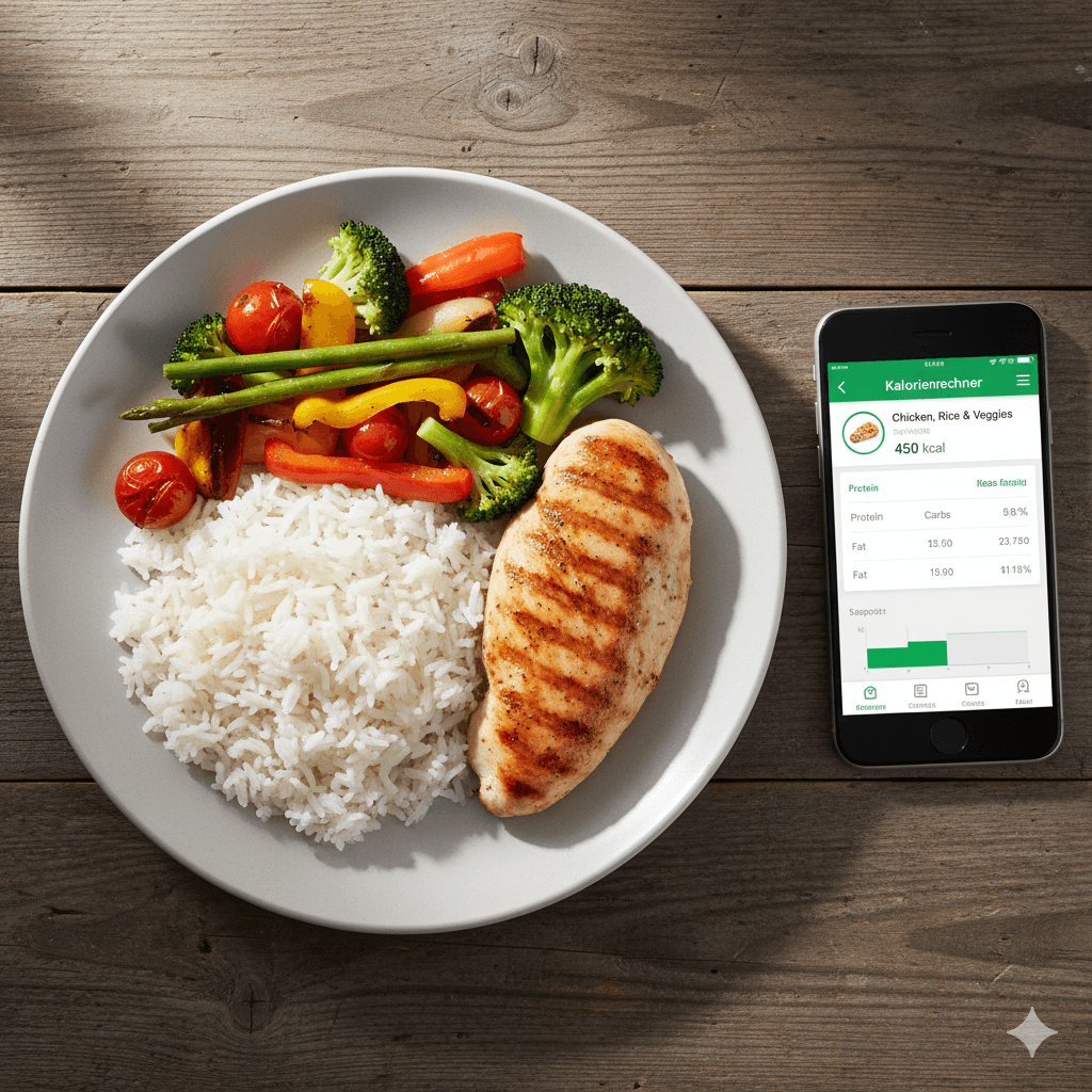Ein-Teller-mit-gesundem-Essen-und-einem-Smartphone-daneben-auf-dem-ein-Kalorienrechner-angezeigt-wird.