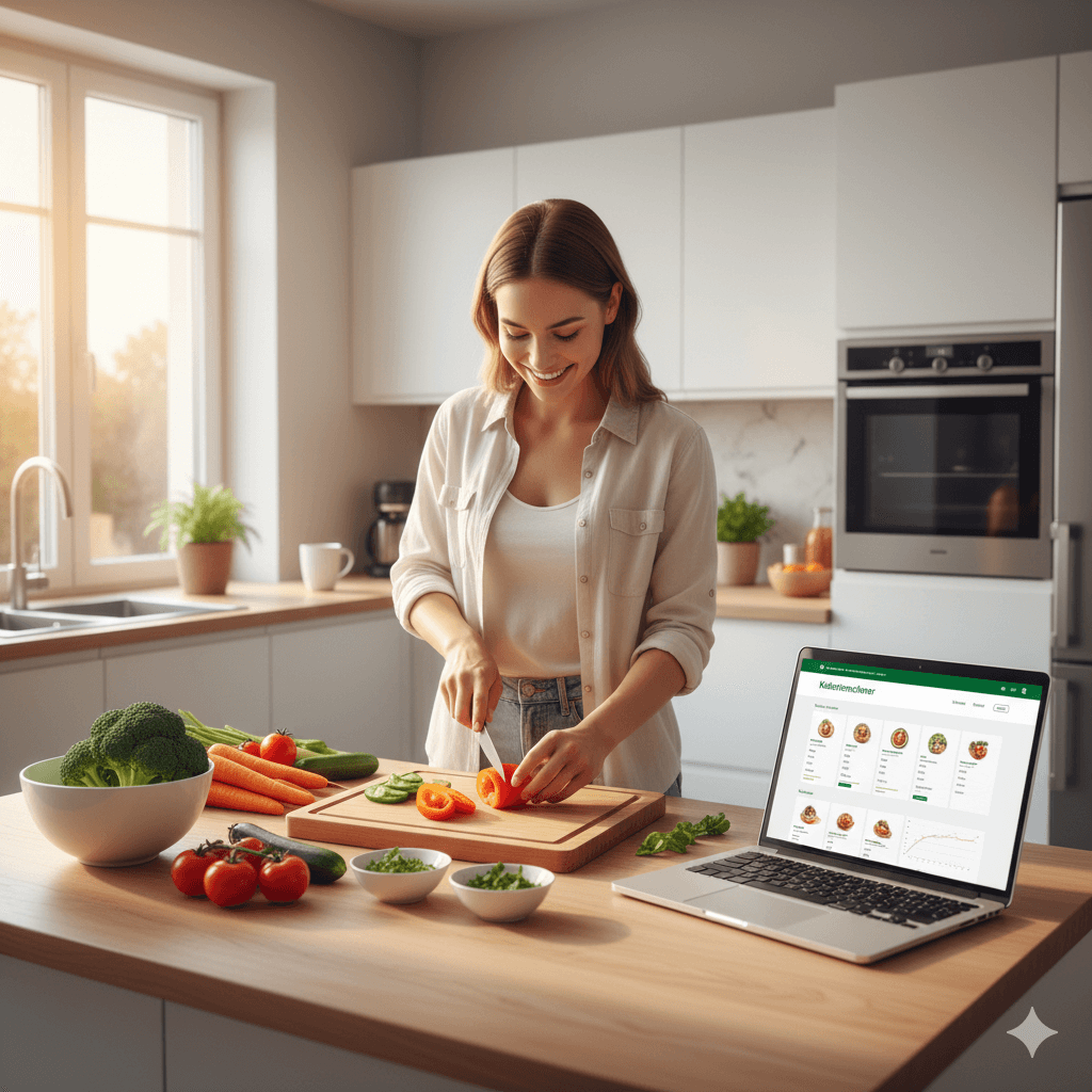 Eine-Frau-kocht-in-einer-hellen-Kuche-und-nutzt-auf-ihrem-Laptop-einen-Kalorienrechner.