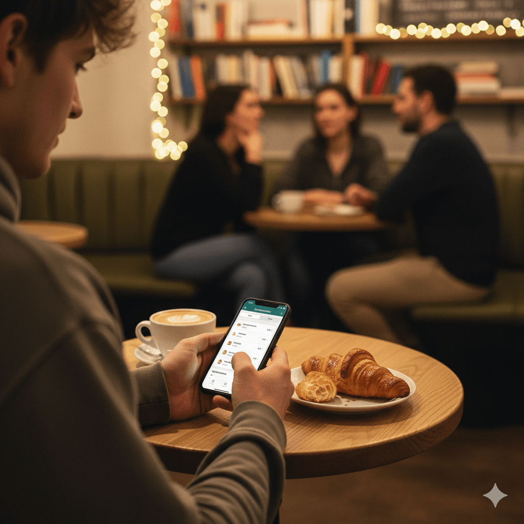 Eine-Person-sitzt-im-Cafe-und-uberpruft-beim-Fruhstuck-die-Kalorien-auf-dem-Smartphone.