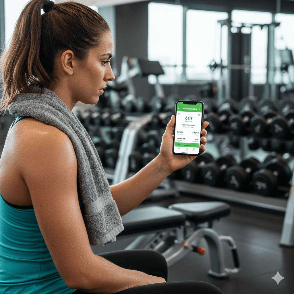 Eine-sportliche-Frau-sitzt-im-Fitnessstudio-und-sieht-auf-ihrem-Smartphone-ihren-taglichen-Kalorienbedarf.