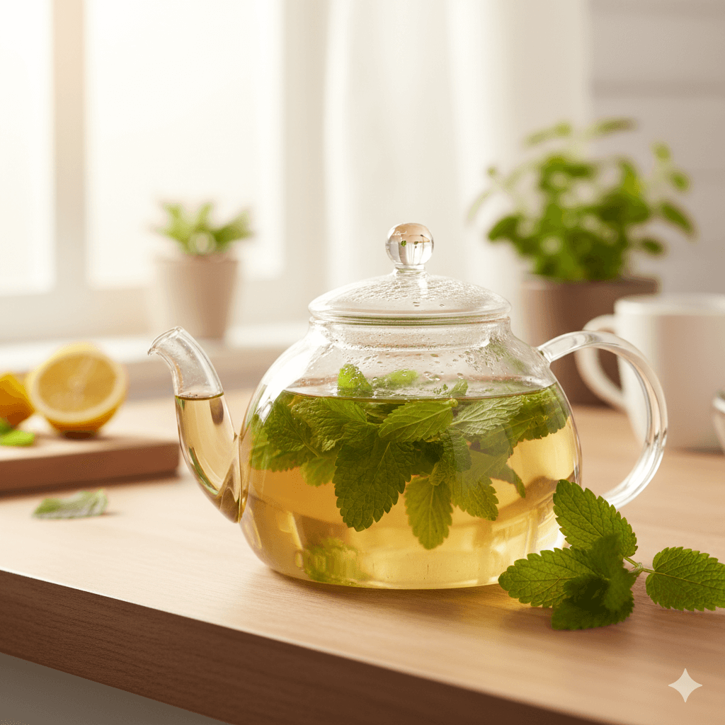 Flat-lay-shot-of-lemon-balm-ginger-honey-and-tea-ingredients-arranged-neatly-on-a-white-background.