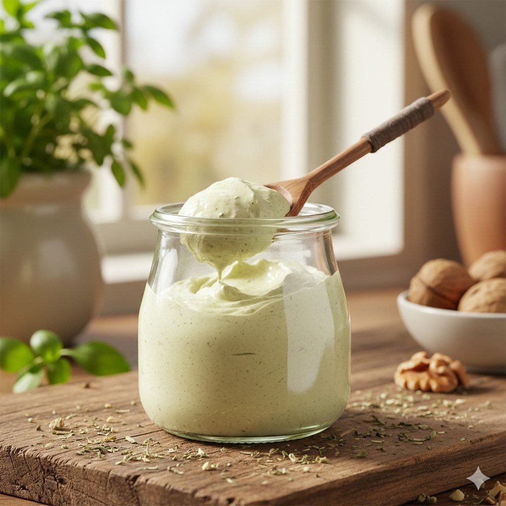 Glass-jar-filled-with-creamy-plant-based-butter-with-a-wooden-spoon.