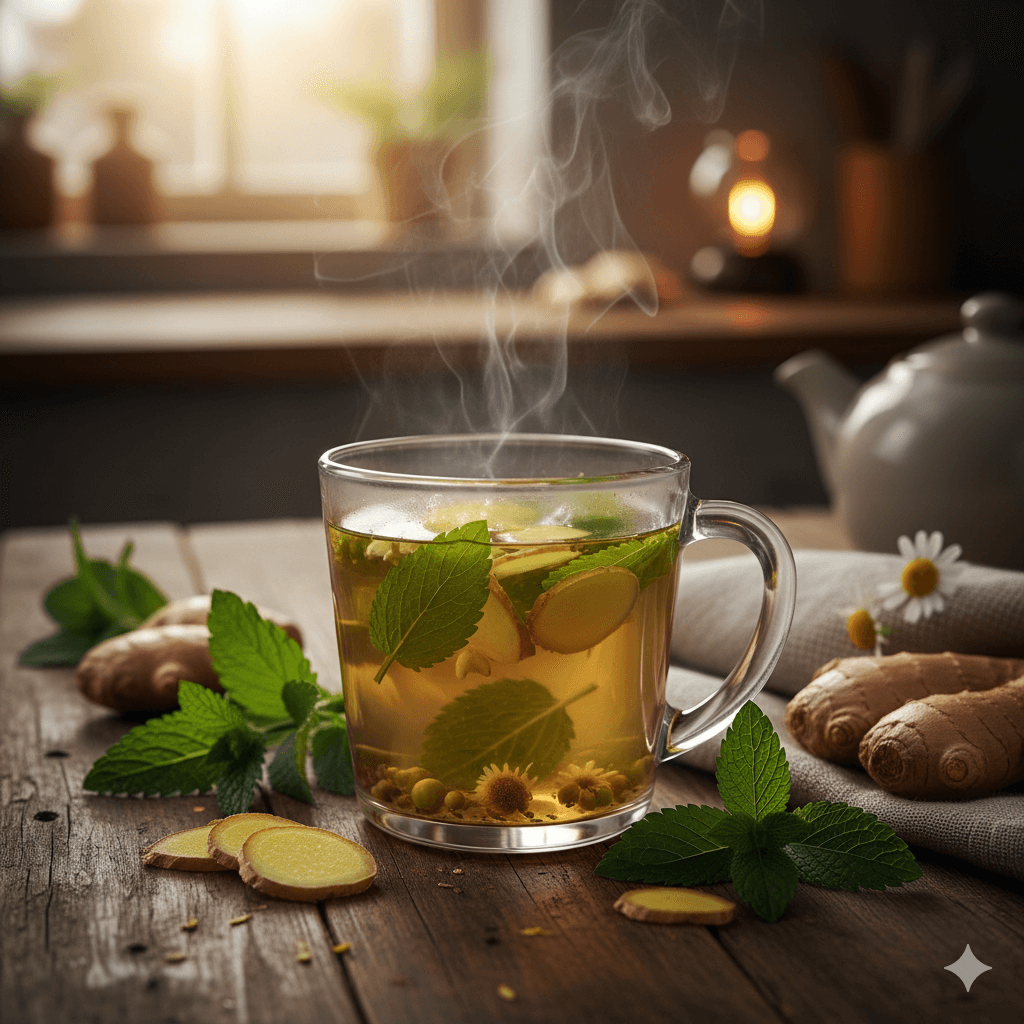 Glass-teapot-filled-with-lemon-balm-tea-and-fresh-herbs-inside.