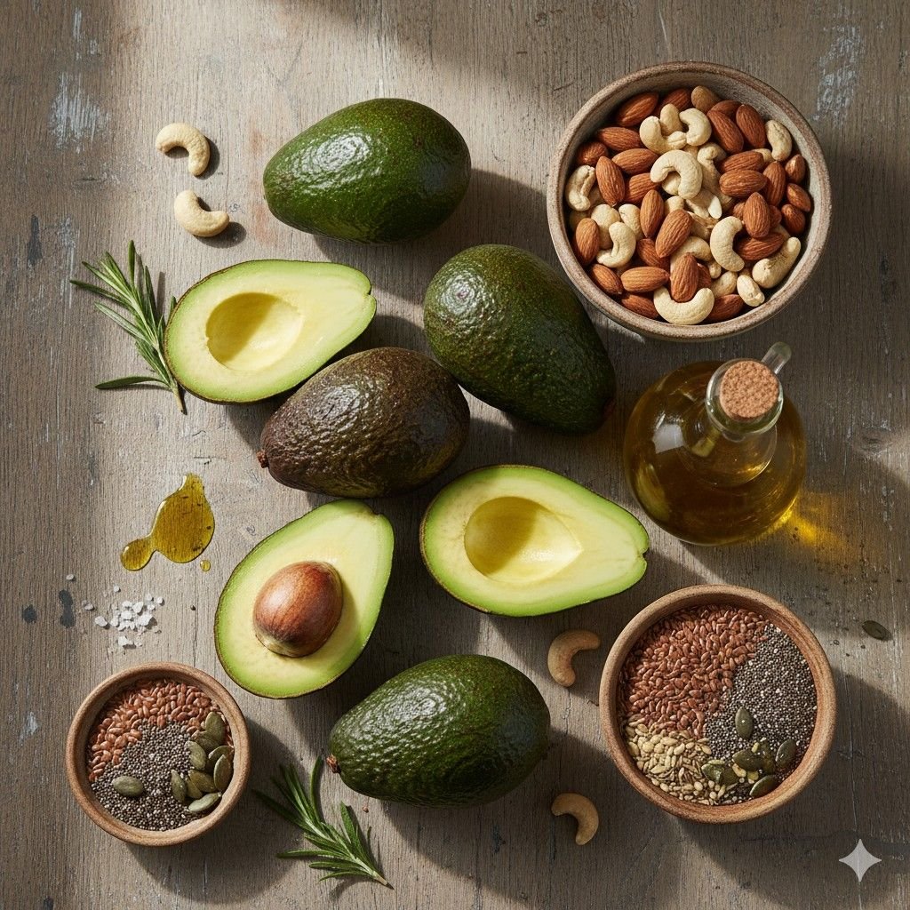 Heart-healthy-ingredients-like-avocados-nuts-olive-oil-and-seeds-used-in-plant-based-butter.