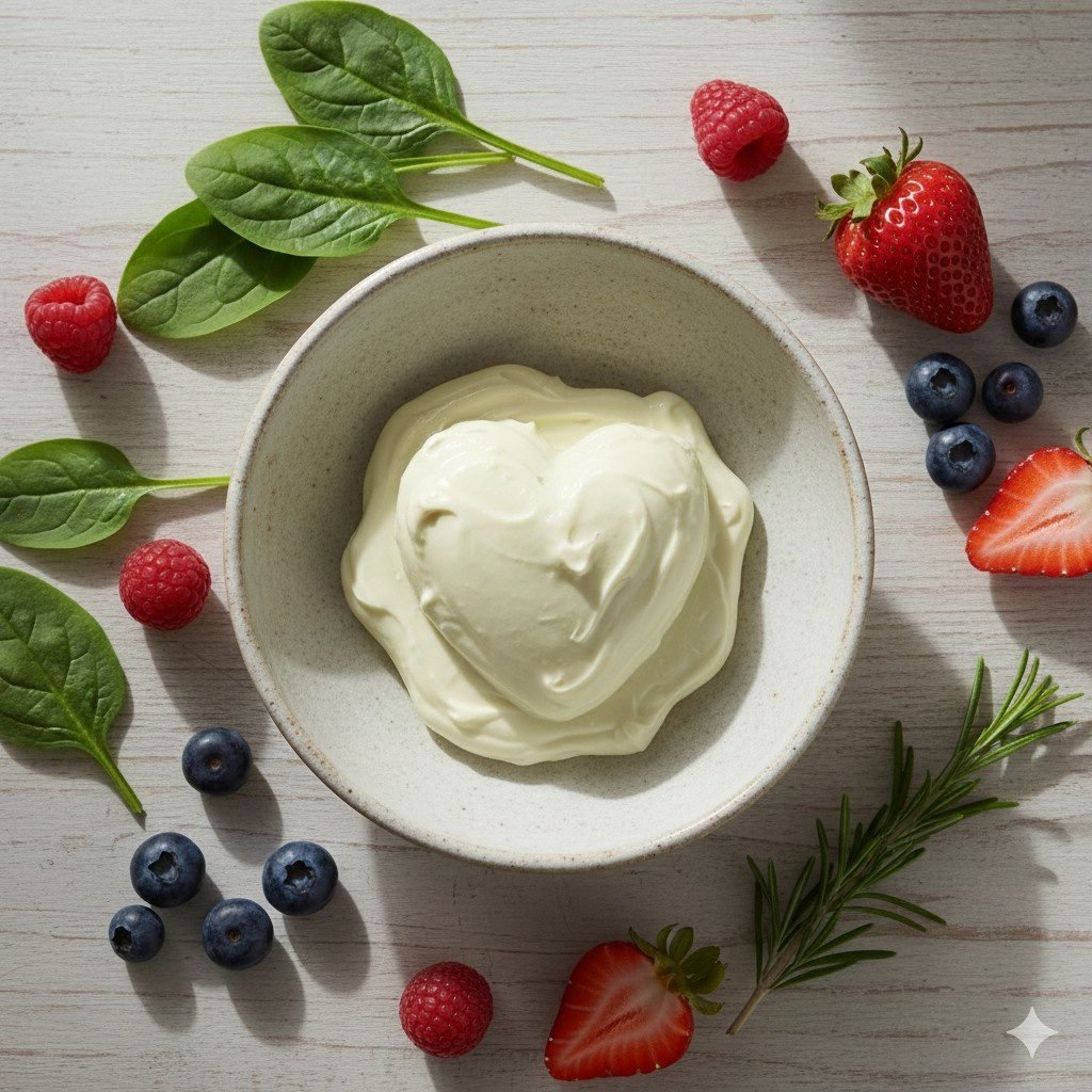 Heart-shaped-plant-based-butter-surrounded-by-fresh-greens-and-berries.