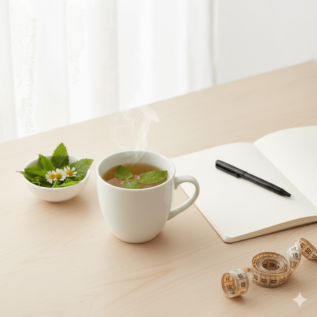 Lemon-balm-tea-on-a-desk-with-a-notebook-and-measuring-tape-as-part-of-a-weight-loss-routine.