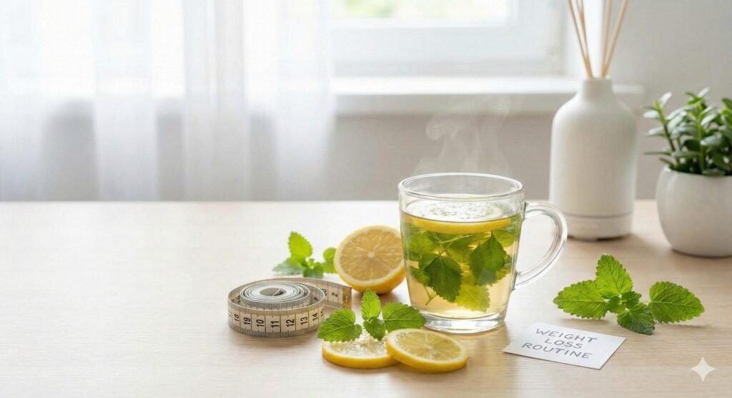 Lemon-balm-tea-styled-with-a-measuring-tape-lemon-slices-and-fresh-herbs-for-a-weight-loss-theme.