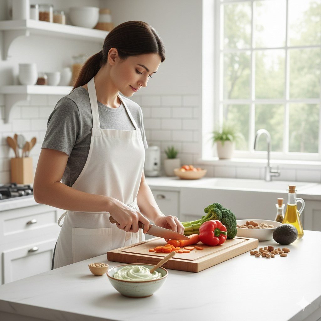 Nutritionist-chopping-vegetables-with-plant-based-butter-on-the-kitchen-counter.