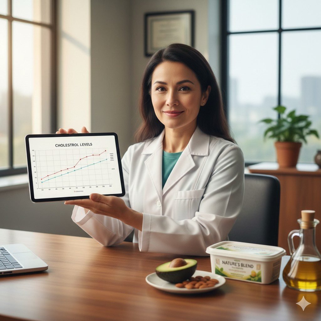 Nutritionist-reviewing-a-cholesterol-chart-with-plant-based-butter-on-the-desk