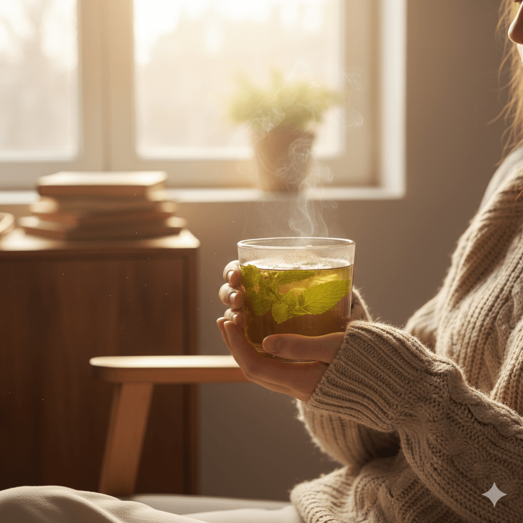 Person-holding-a-warm-cup-of-lemon-balm-tea-in-a-cozy-relaxing-setting-near-a-bright-window.