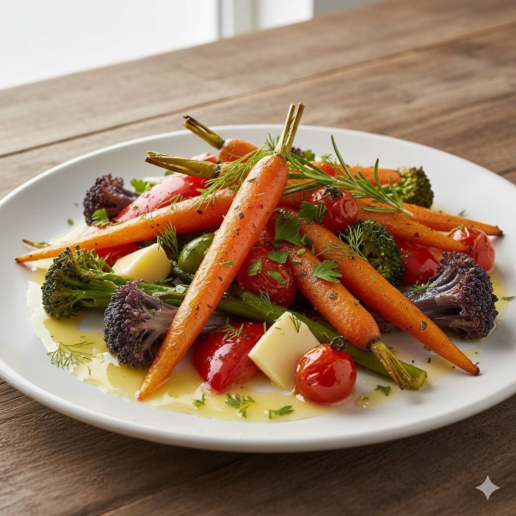 Roasted-vegetables-drizzled-with-melted-plant-based-butter-on-a-plate.