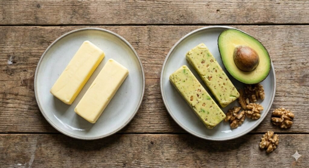 Side-by-side-comparison-of-dairy-butter-and-plant-based-butter-on-small-plates.