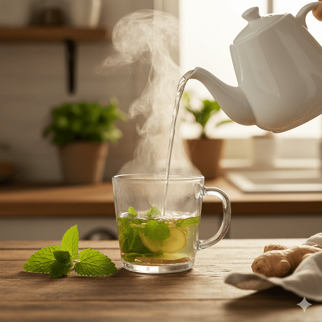 Water-being-poured-over-lemon-balm-leaves-in-a-clear-mug-to-brew-fresh-herbal-tea.